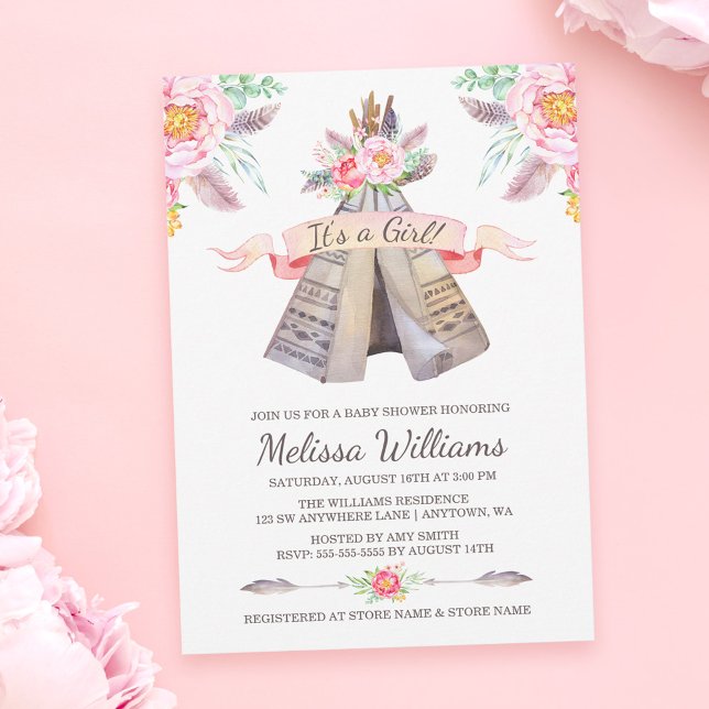 Invitation Floral Boho Tribal Teepee Girl Baby shower (Créateur téléchargé)