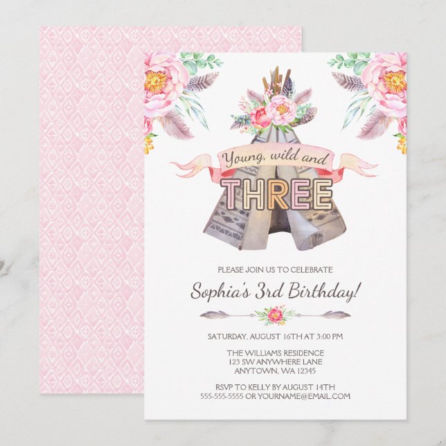 Invitation Floral Boho Tribal Teepee Young Wild 3e anniversai (Devant / Derrière)