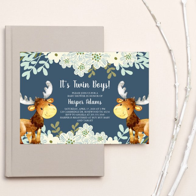 Invitation Floral Bois Moose Twin Boys Baby shower (Créateur téléchargé)