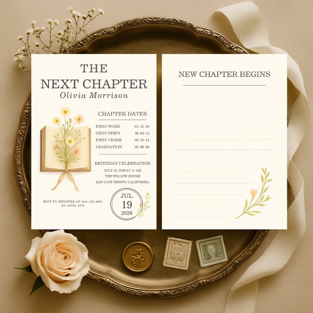 Invitation Floral Books Next Chapter Begins Birthday Party (Créateur téléchargé)
