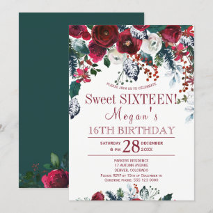 Invitation Floral bordeaux vert pin hiver douce seize ans