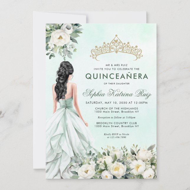 Invitation Floral Botanique Emeraude Or Princesse Quinceañera (Devant)