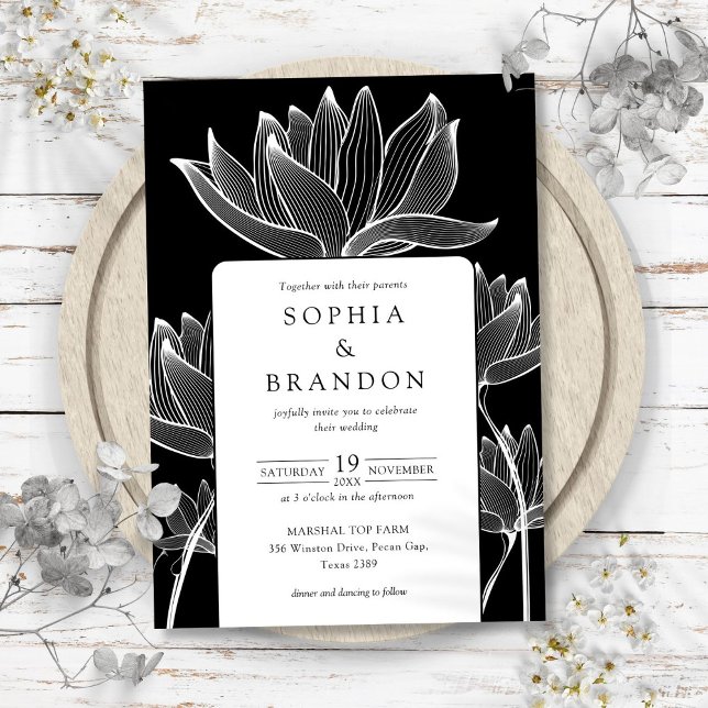 Invitation Floral Botanique Moderne Mariage noir et blanc (Modern Botanical Floral Black And White Wedding Invitation)