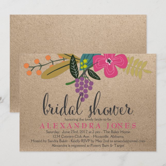 Invitation Floral Bouquet Kraft Fête des mariées arrière - pl (Devant / Derrière)