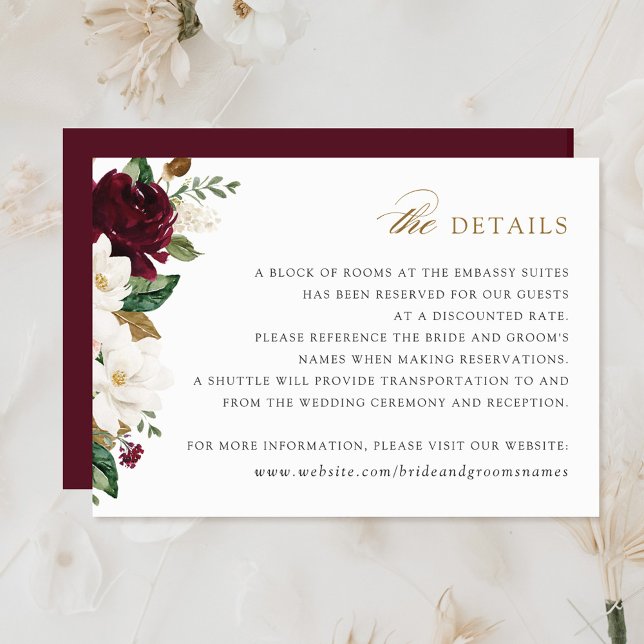Invitation Floral Bourgogne blanc Magnolia Détails Insérer un (Créateur téléchargé)