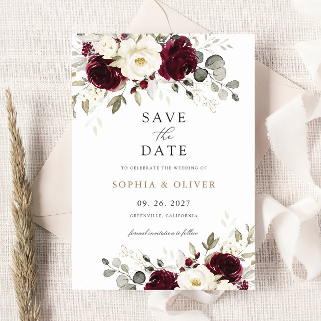 Invitation Floral Bourgogne Blanc Vert Or Enregistrer la date (Créateur téléchargé)