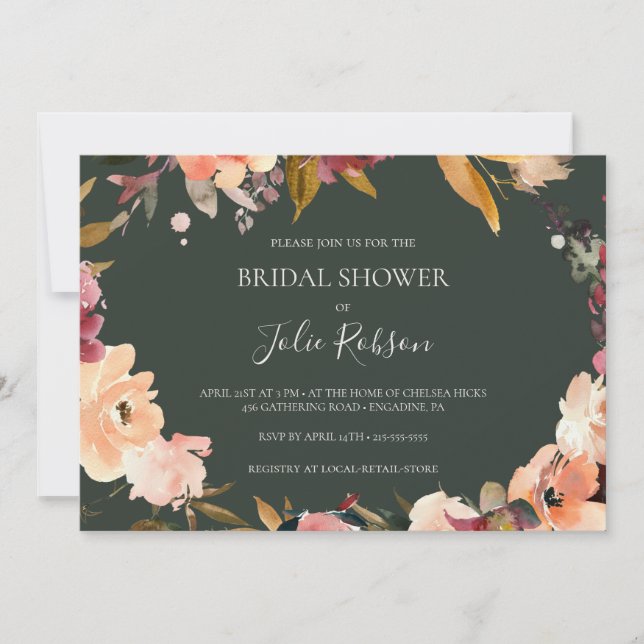 Invitation Floral Bourgogne | Fête des mariées horizontale ve (Devant)