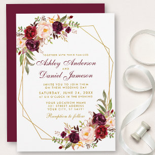Invitation Floral Bourgogne géométrique Mariage cadre or