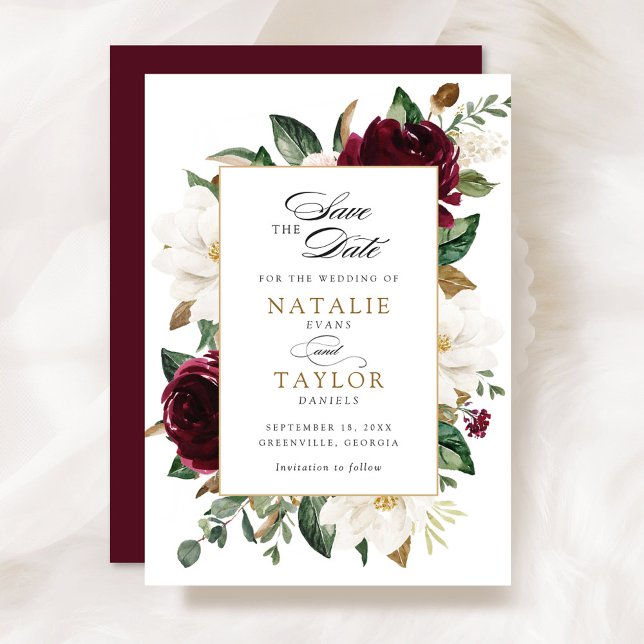 Invitation Floral Bourgogne Gold Magnolia Élégante Date de sa (Créateur téléchargé)