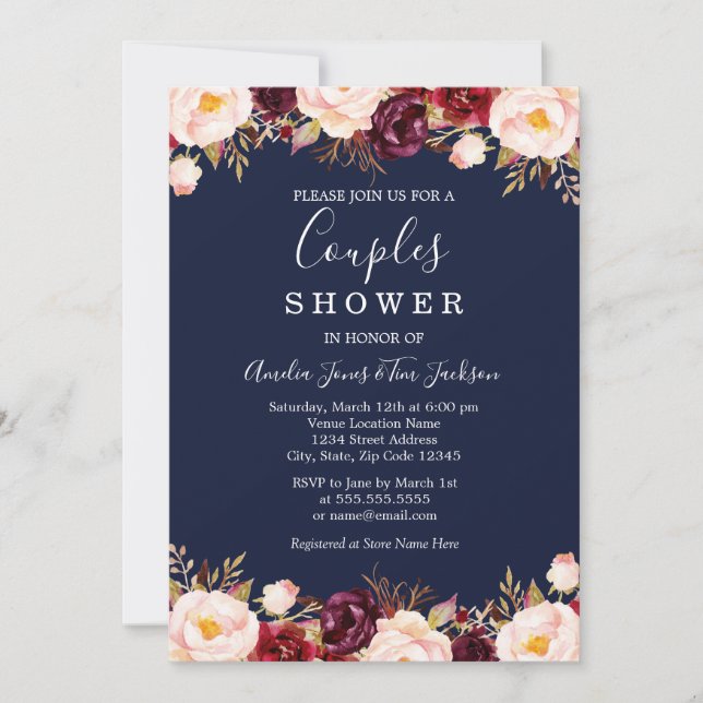 Invitation Floral Bourgogne Marine Mariage Couples Douche (Devant)