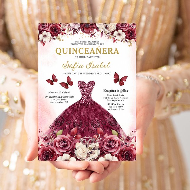 Invitation Floral Bourgogne Or Bilingue espagnol Quinceanera (Créateur téléchargé)