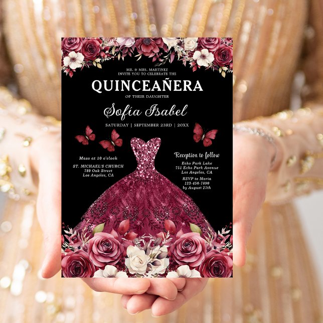 Invitation Floral Bourgogne Or Bilingue espagnol Quinceanera (Créateur téléchargé)