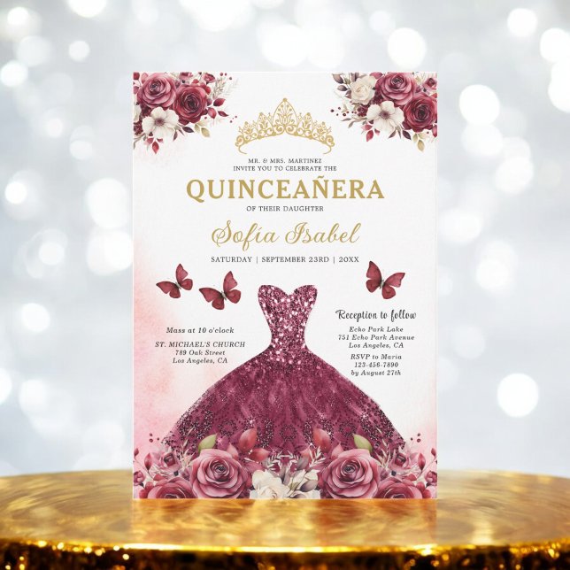 Invitation Floral Bourgogne Or Bilingue espagnol Quinceanera (Créateur téléchargé)