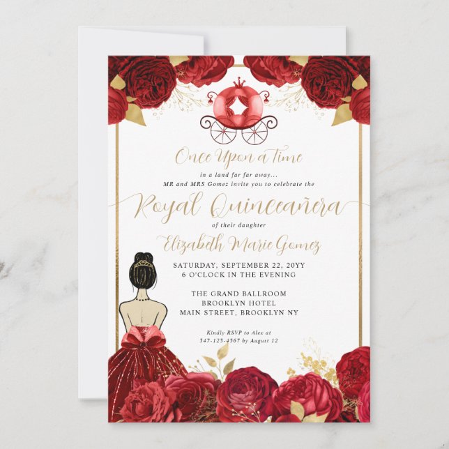 Invitation Floral Bourgogne Rouge Cendrillon Royal Quinceaner (Devant)