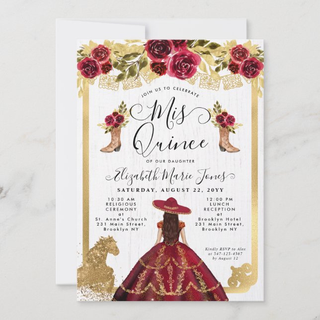Invitation Floral Bourgogne Rouge Or Cheval Charra Quinceaner (Devant)
