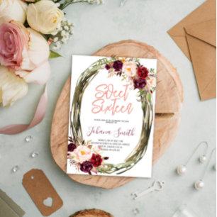 Invitation Floral Bourgogne Sweet sixteen rose 16e anniversai