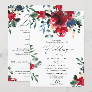 Invitation Floral Bourgogne tout en un mariage de calligraphi