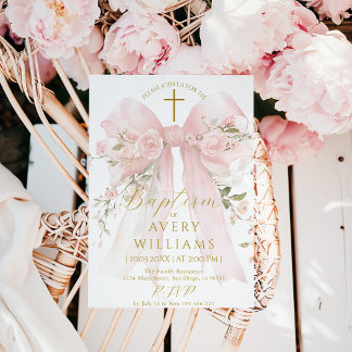 Invitation Floral Bow Girls Baptism Elegant Flower Digital