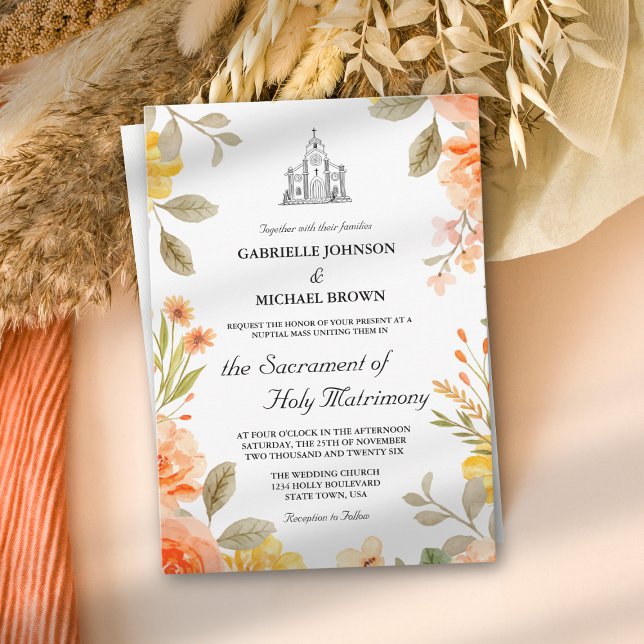 Invitation Floral Bright Orange Church Mariage de messe nupti (Créateur téléchargé)