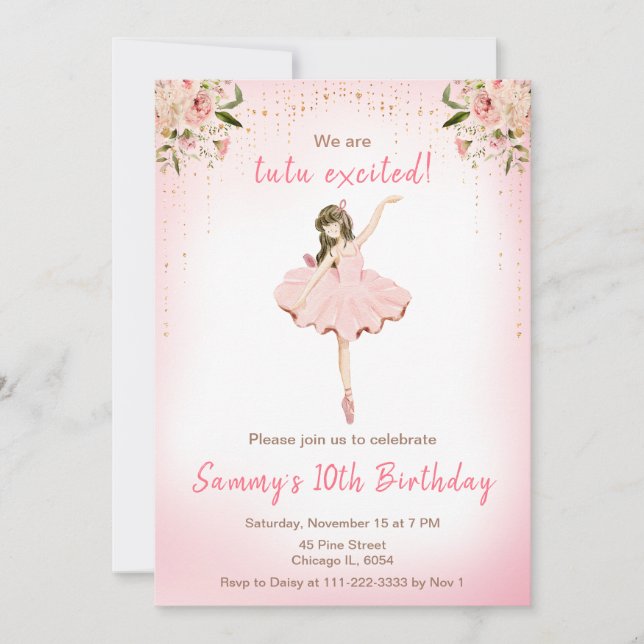 Invitation Floral Brunette Cheveux Ballerina Anniversaire (Devant)