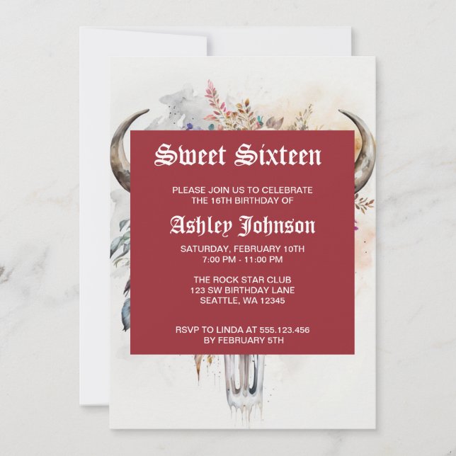 Invitation Floral Bull Skull Watercolor Art (Devant)