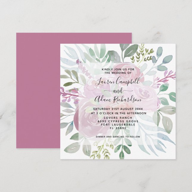 Invitation Floral Burgunday Dusty Mariage d'aquarelle rose (Devant / Derrière)