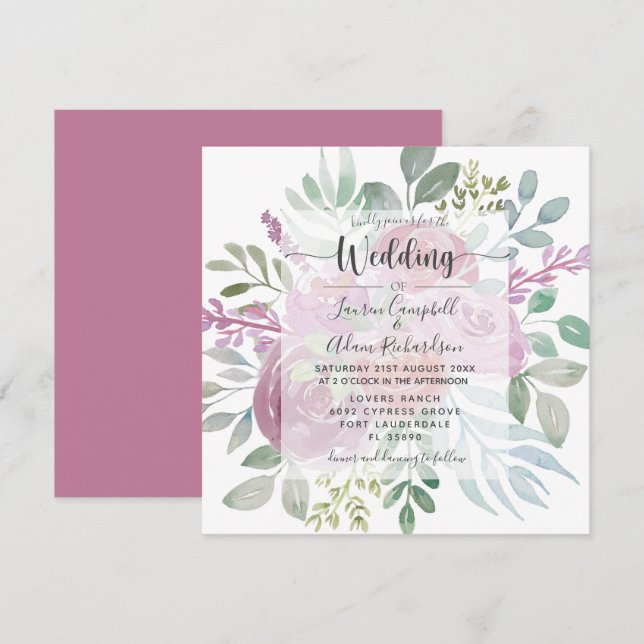 Invitation Floral Burgunday Pink Foliing Mariage (Devant / Derrière)