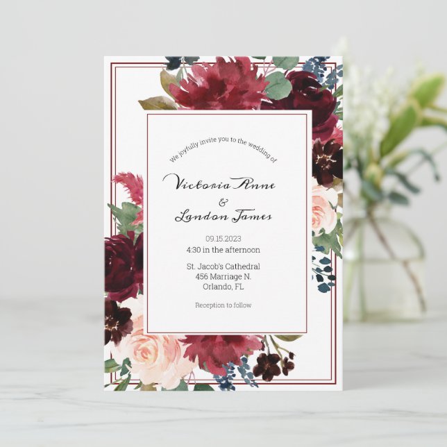 Invitation Floral Burgundy Blush Élégant Mariage Script (Debout devant)