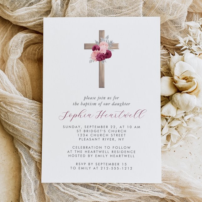 Invitation Floral Burgundy Blush Silver Cross Girl Baptism (Créateur téléchargé)