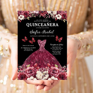 Invitation Floral Burgundy Butterfly Princess Quinceanera