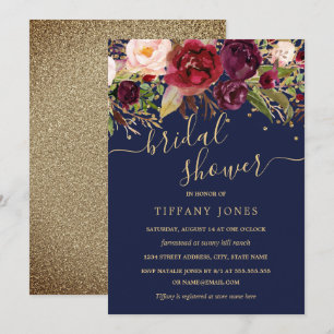 Invitation Floral Burgundy Navy Gold Confetti Fête des mariée