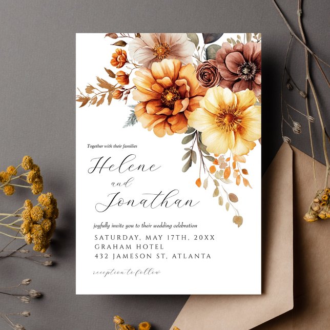 Invitation Floral Burnt Orange Terracotta Élégant Mariage (Floral Burnt Orange Terracotta Elegant Wedding Invitation)