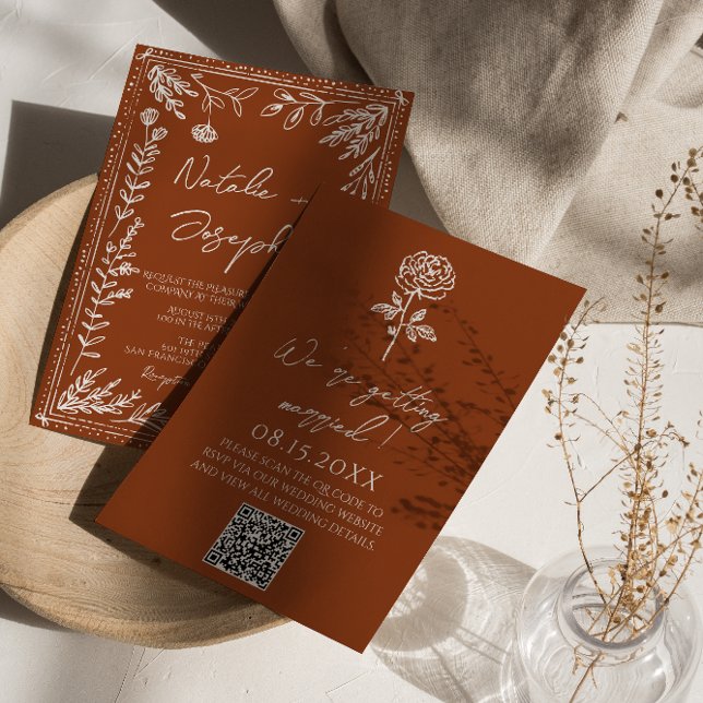 Invitation Floral Burnt Orange Terracotta QR Code Wedding (Créateur téléchargé)