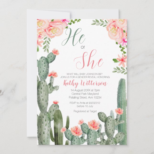 Invitation Floral Cactus Succulent Lui ou elle Genre Révélati (Devant)