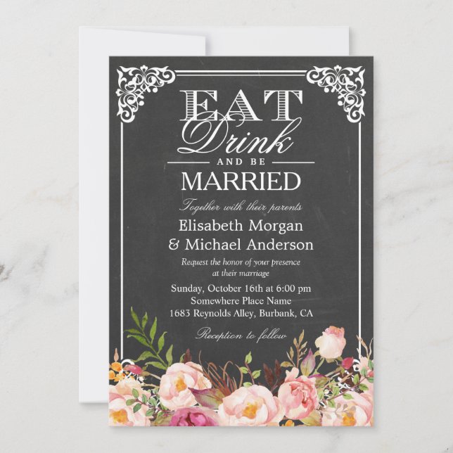 Invitation Floral Chalkboard Mariage Manger boire et être mar (Devant)