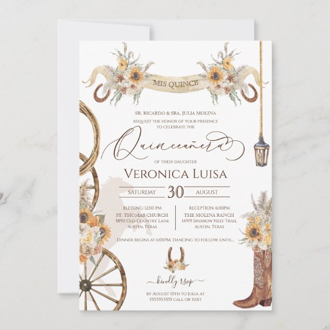Invitation Floral Charro Tournesol Pays Quinceanera rustique (Devant)