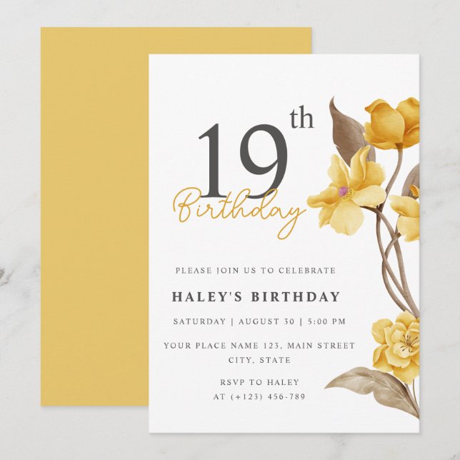 Invitation Floral Chic Elégant Simple Jaune 19e anniversaire (Devant / Derrière)
