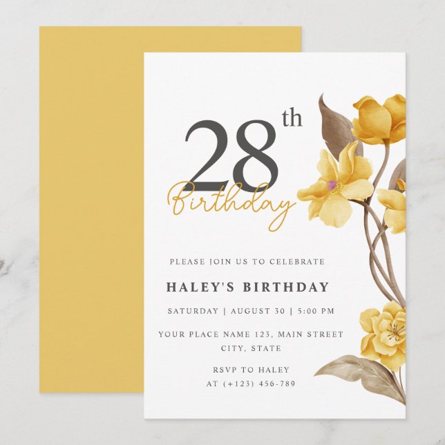Invitation Floral Chic Elegant Simple Jaune 28e anniversaire (Devant / Derrière)