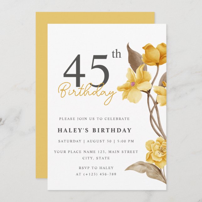 Invitation Floral Chic Elegant Simple Jaune 45e anniversaire (Devant / Derrière)