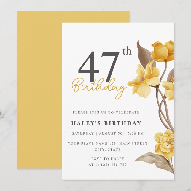Invitation Floral Chic Elegant Simple Jaune 47e Anniversaire (Devant / Derrière)