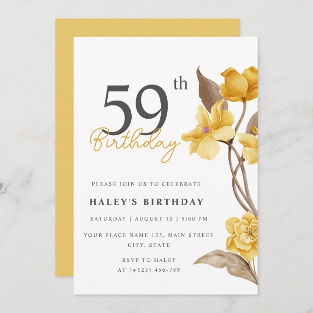 Invitation Floral Chic Elegant Simple Jaune 59e anniversaire (Devant / Derrière)