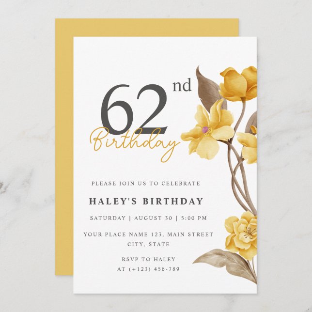 Invitation Floral Chic Elegant Simple Jaune 62e Anniversaire (Devant / Derrière)