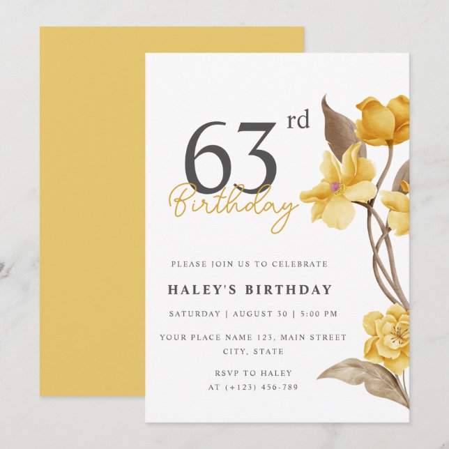 Invitation Floral Chic Elegant Simple Jaune 63e anniversaire (Devant / Derrière)