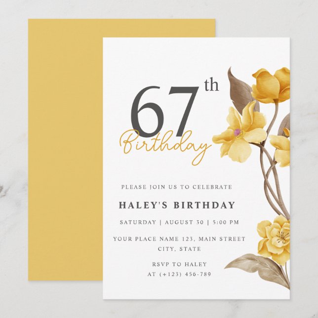 Invitation Floral Chic Elegant Simple Jaune 67e anniversaire (Devant / Derrière)