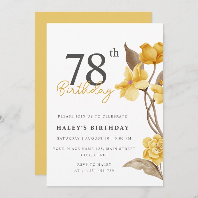 Invitation Floral Chic Elegant Simple Jaune 78e anniversaire (Devant / Derrière)
