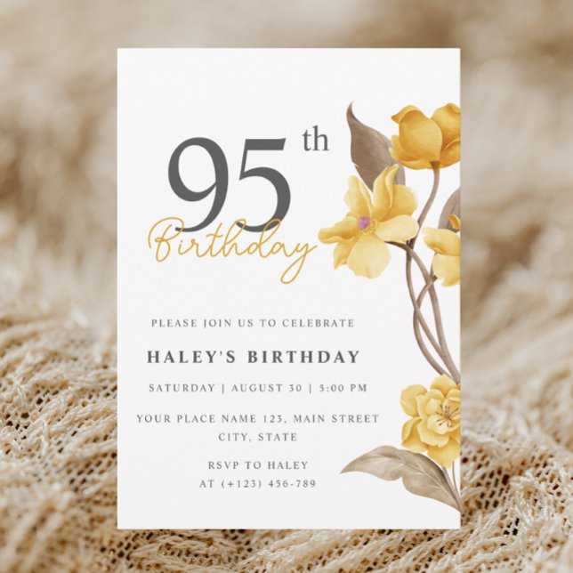 Invitation Floral Chic Elegant Simple Jaune 95e anniversaire (Créateur téléchargé)