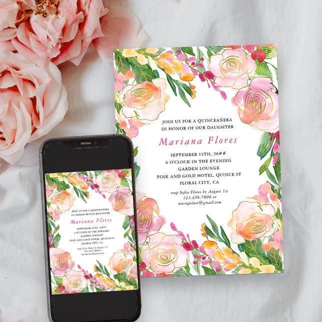 Invitation Floral Chic encadré rose et or Quinceanera (Quinceanera Invitation from my Floral Chic Quinceanera Collection)