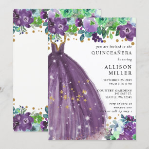 Invitation Floral Chic Purple Gold Parties scintillant robe Q