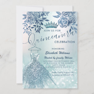 Invitation Floral chic robe bleue glittery ombre