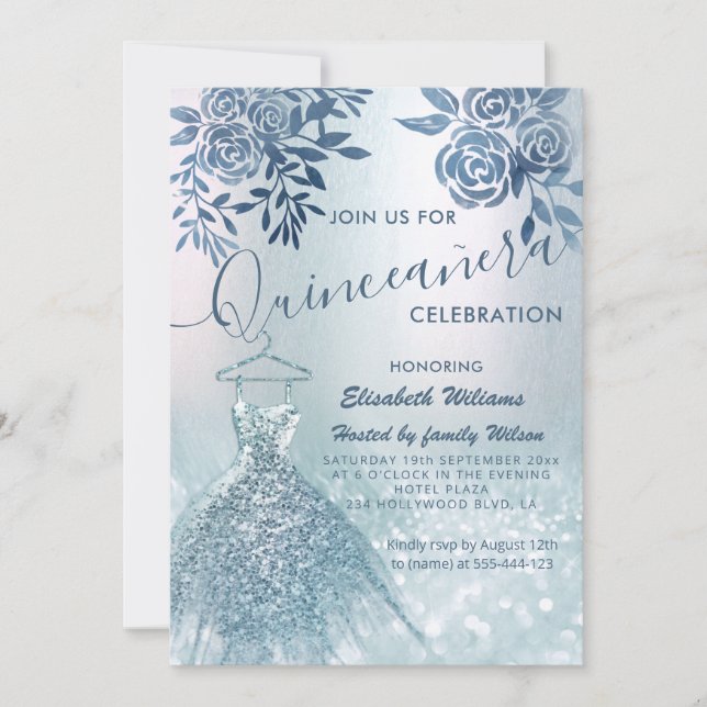 Invitation Floral chic robe bleue glittery ombre (Devant)